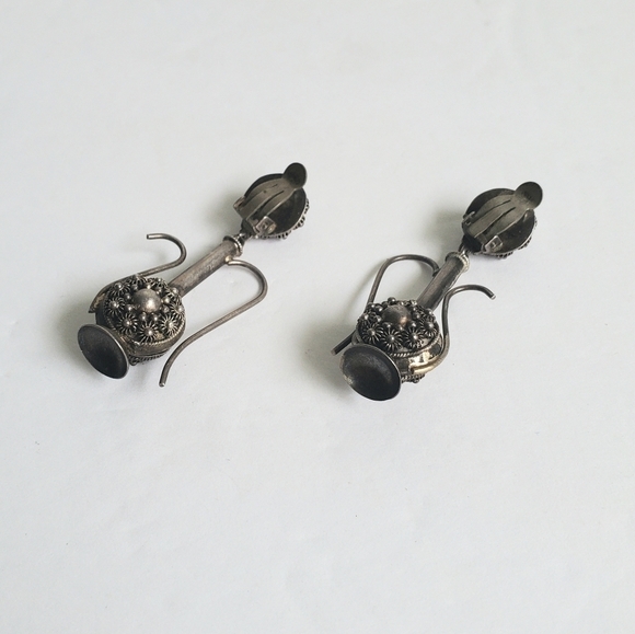 Vintage Teapot Earrings Middle Eastern Turkish Ornate Silver Tone Clip-On - Picture 2 of 5